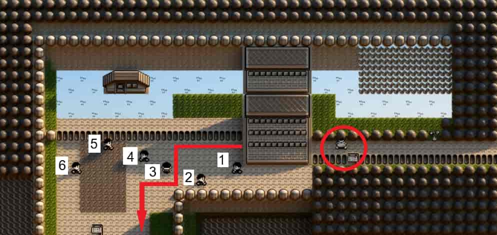 初代ポケモン 16番道路のトレーナーと戦闘しないで進むことができるルートを赤色の線で示した図