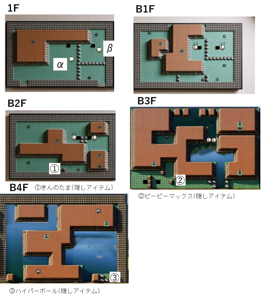 初代ポケモン ふたごじまにある隠しアイテムの位置を示した図