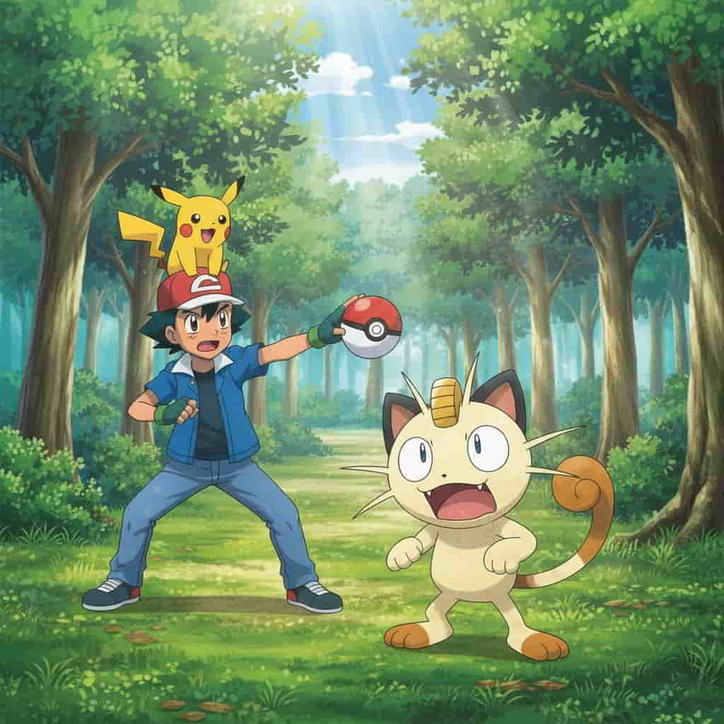 初代ポケモン ニャースを捕まえようとするサトシ