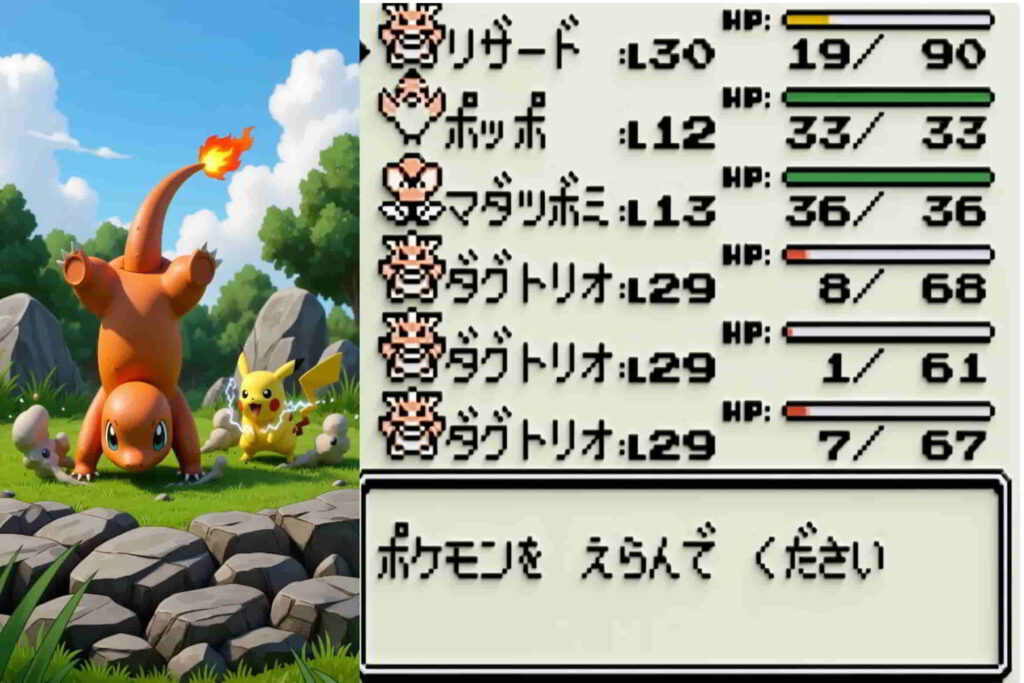 初代ポケモン ヒトカゲが「地球投げ」を使ってダグトリオを大量ゲットしている図