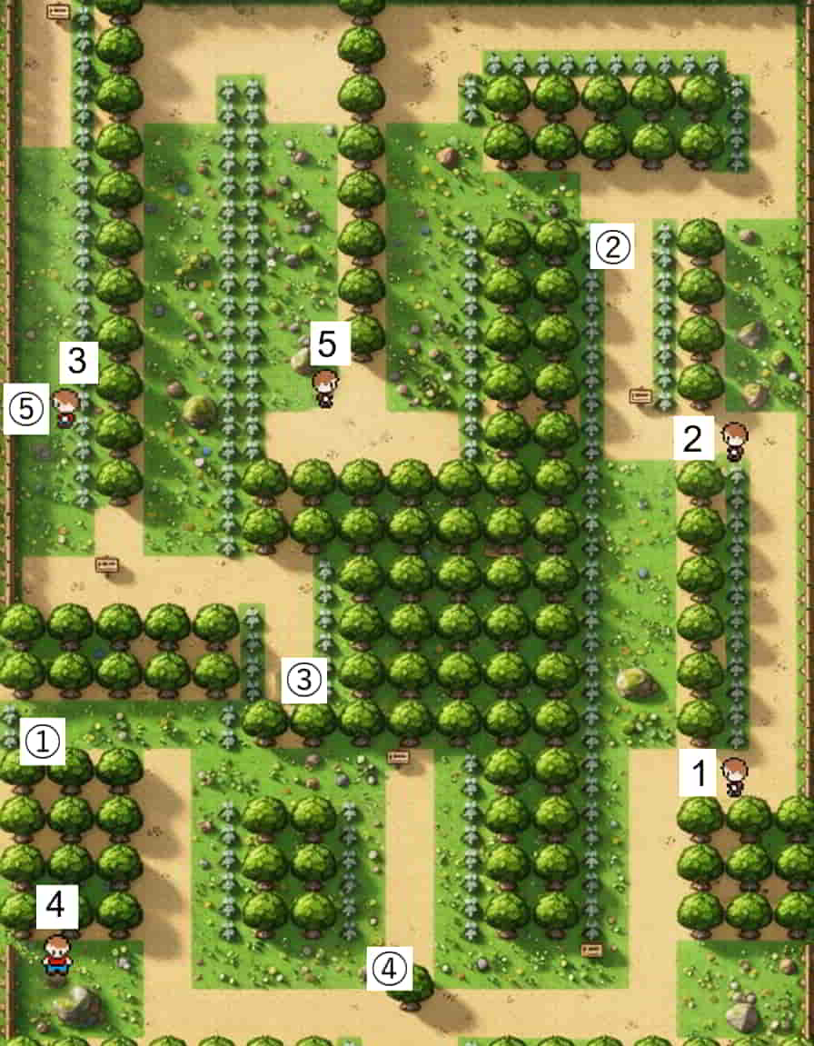 初代ポケモン トキワの森にいるトレーナーとアイテムの位置を示したマップ