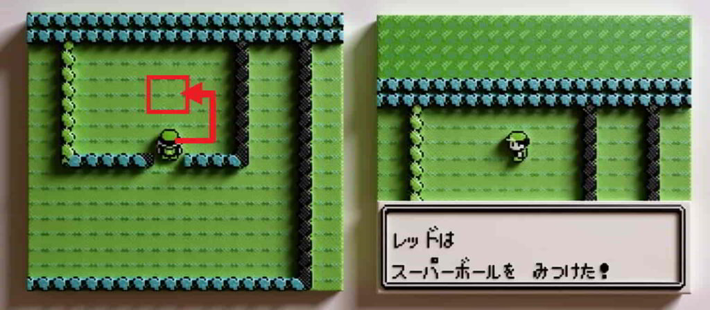 初代ポケモン 隠しアイテムを取る時の顔の向きを説明した図