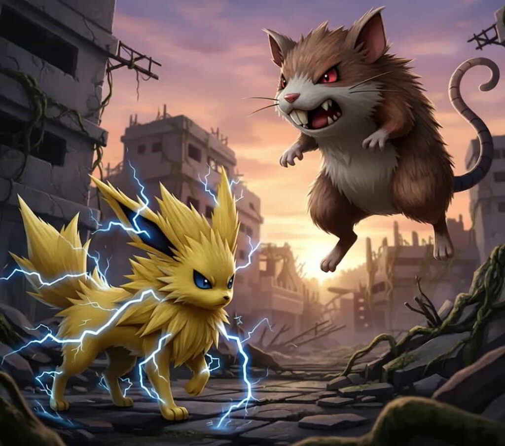 初代ポケモン サンダースがラッタに10万ボルトをくりだすシーン