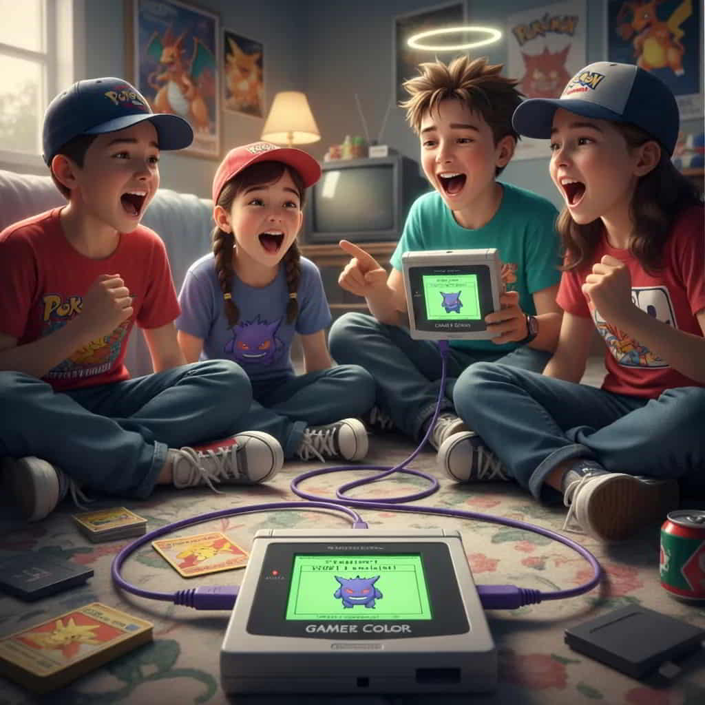 初代ポケモン 通信ケーブルを持っている友達が神として尊敬されているイラスト