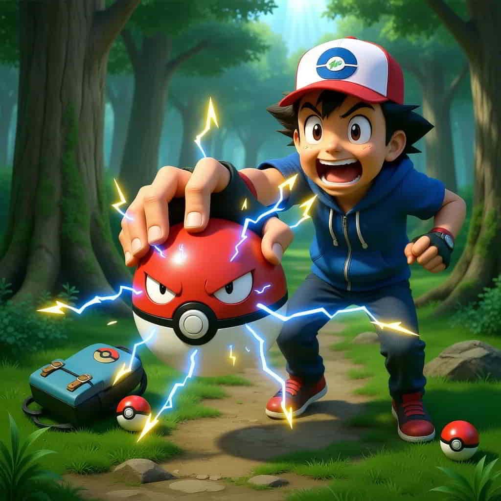 初代ポケモン モンスターボールを拾ったらビリリダマでびっくりするサトシ