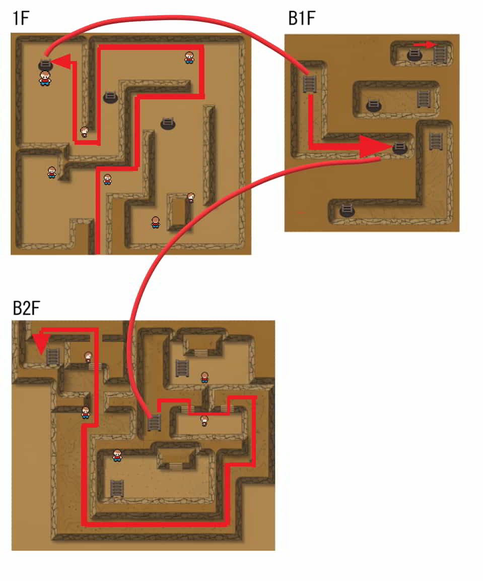 初代ポケモン おつきみ山での最短ルートを赤線で示したマップ