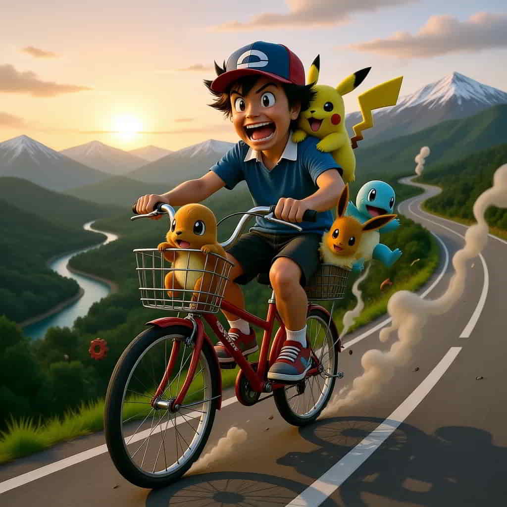 初代ポケモン 自転車で17番道路の坂道を下るサトシ