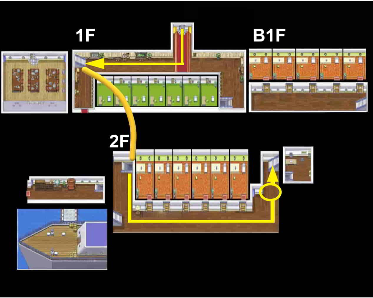 初代ポケモン サント・アンヌ号での最短ルートを黄色線で示したマップ