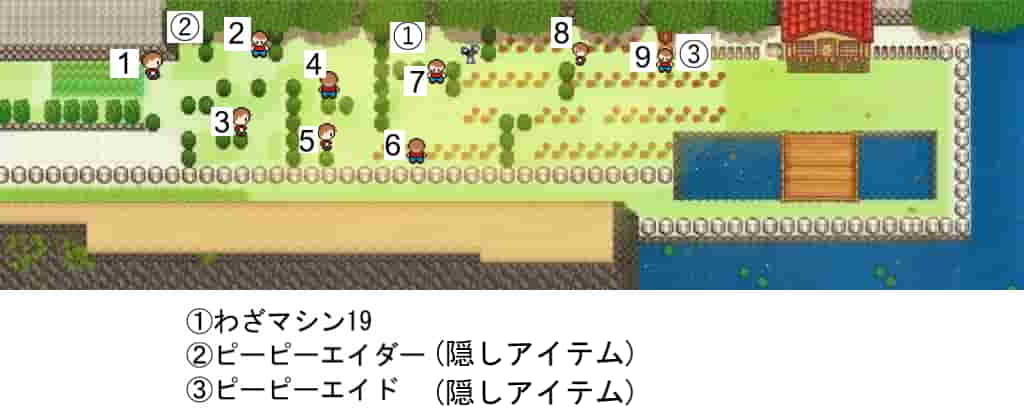 初代ポケモン 25番道路にいるトレーナーとアイテムの位置