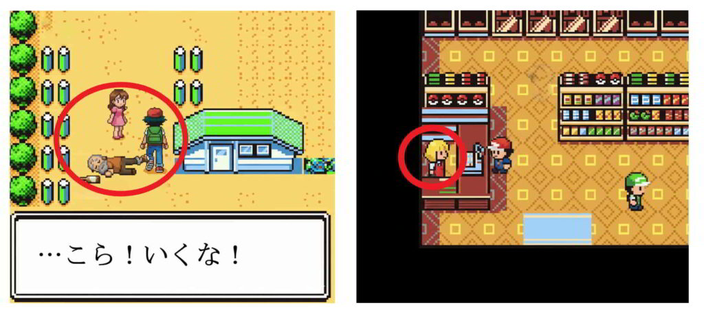 初代ポケモン トキワシティでのストーリー進行ポイントに赤丸を付けた図