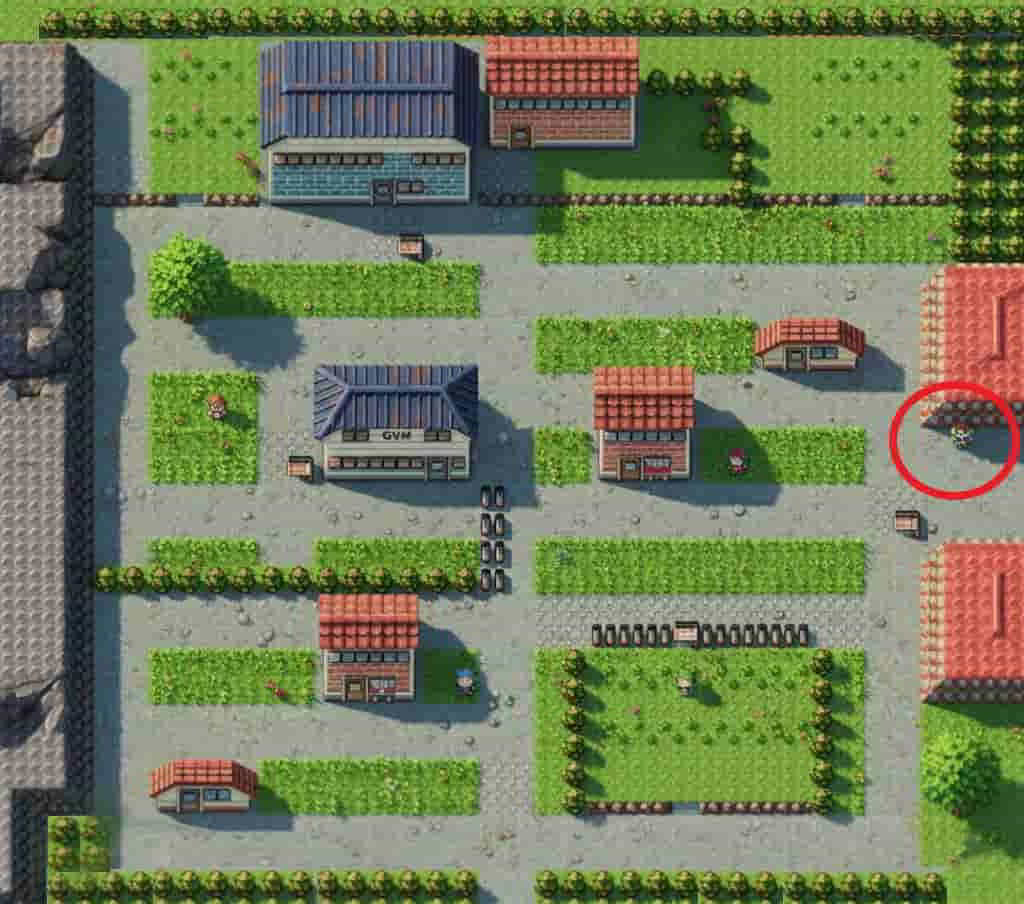 初代ポケモン、3番道路へ進もうとするとニビジム前に連れ戻す男性の位置を赤丸で示したマップ