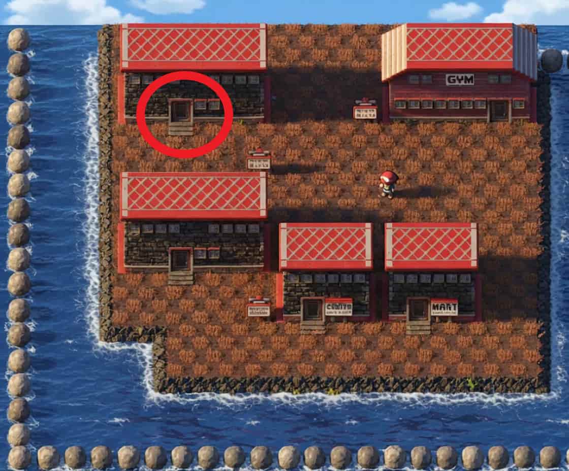 す初代ポケモン グレンタウンのストーリー進行ポイントを赤丸で示したマップ