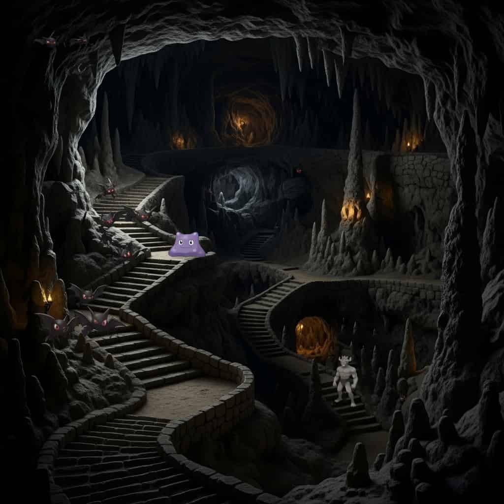 初代ポケモン 暗いイワヤマトンネル内の様子。ズバットやメタモンが飛んでいるイメージ図