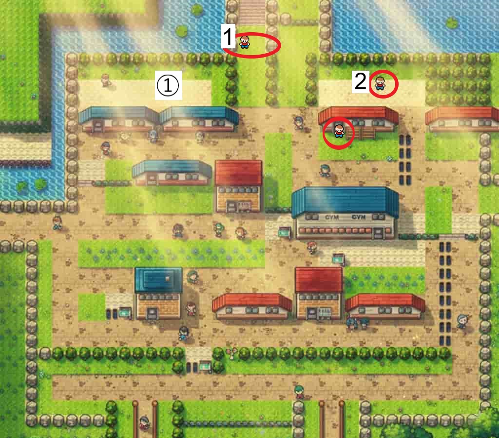 ハナダシティのアイテムとトレーナとイベントの位置