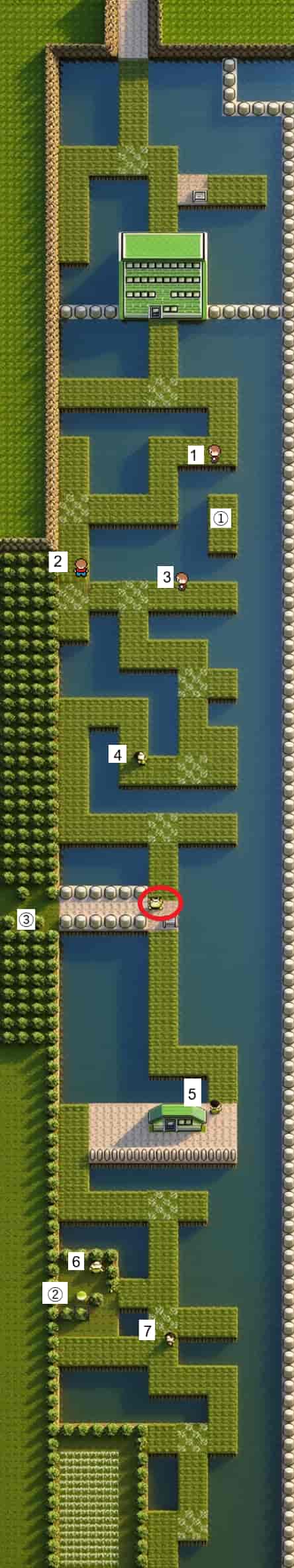 初代ポケモン 12番道路のトレーナーとアイテムの位置