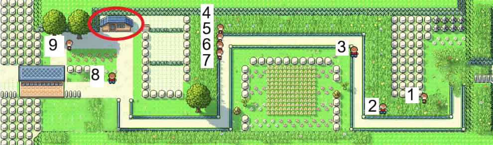 初代ポケモン 8番道路に登場するトレーナーの位置を示したマップ