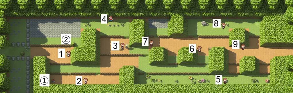 初代ポケモン 9番道路のトレーナーとアイテムの位置