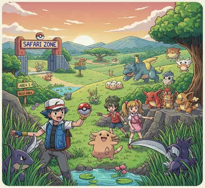 初代ポケモン サファリゾーンでサトシがポケモンを捕まえているイラスト