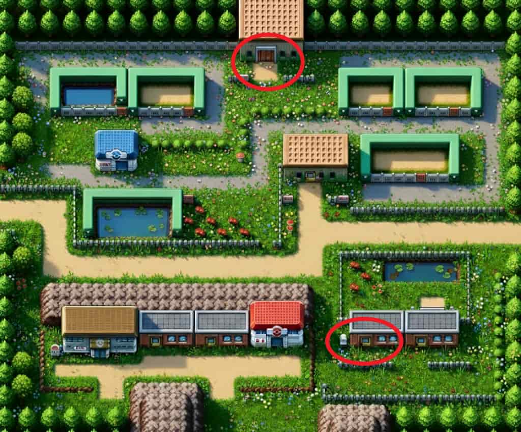 初代ポケモン セキチクシティのストーリー進行ポイントを赤丸で示したマップ