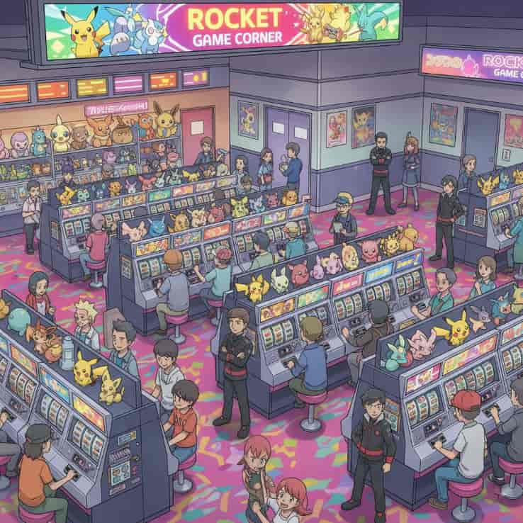 初代ポケモン タマムシシティのゲームコーナーを楽しんでいる人たちと監視するロケット団のイラスト