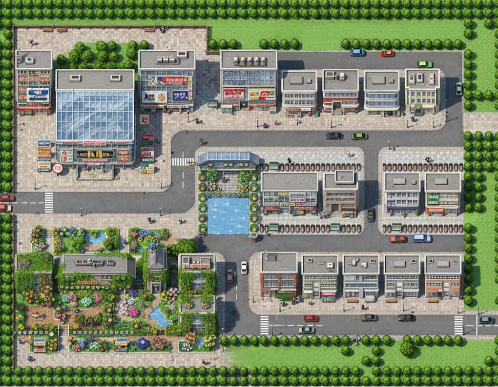 初代ポケモン タマムシシティの都会的な街並みを描いたイラスト