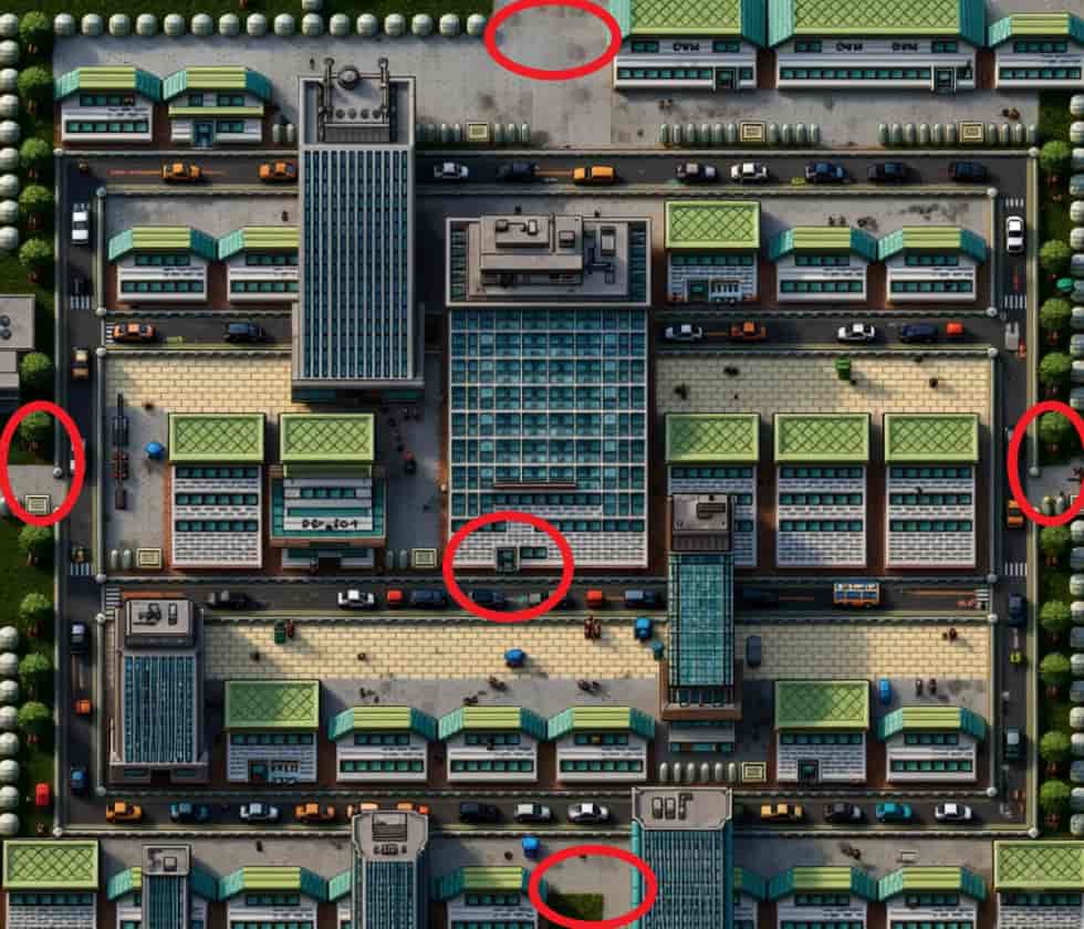 初代ポケモン ヤマブキシティのストーリー進行ポイントを赤丸で示したマップ