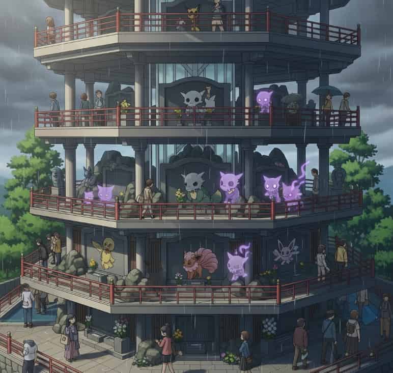 初代ポケモン 多くの人が訪れるシオンタウンのポケモンタワーイメージイラスト