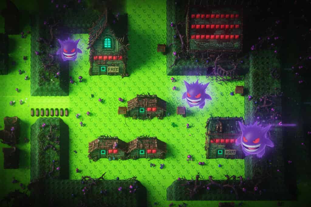 初代ポケモンのシオンタウンにゲンガーが潜む、不気味な雰囲気のイラスト