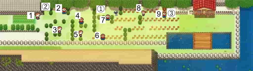 初代ポケモン 25番道路にいるトレーナーとアイテムの位置を示した図